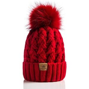 PAGE ONE Womens Winter Ribbed Beanie Crossed Cap Chunky Cable Knit Pompom Soft